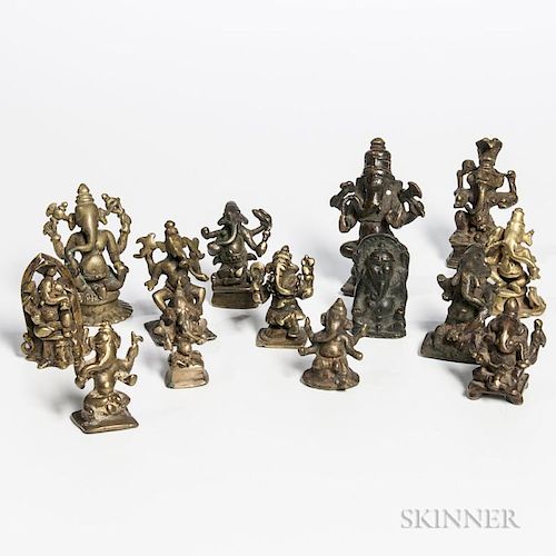 Fourteen Small Bronze and Brass Votive Figures of Ganesha