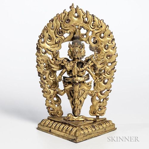 Gilt-bronze Phurba Dagger with Three-headed Chakrasamvara