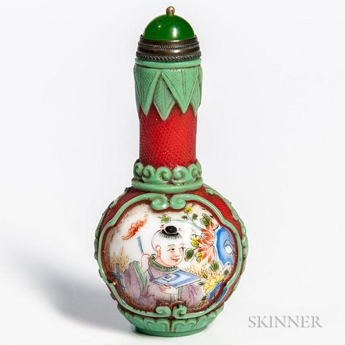 Painted and Overlaid Peking Glass Snuff Bottle