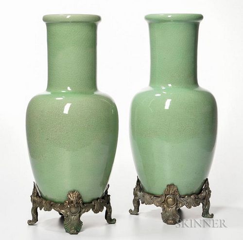 Pair of Celadon Crackle-glazed Vases
