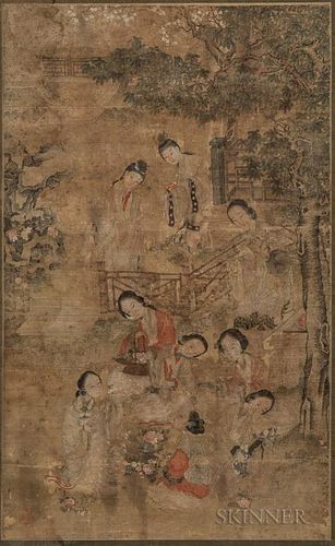 Hanging Scroll Depicting Ladies in a Courtyard