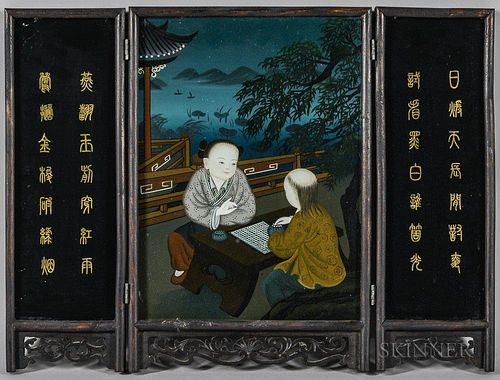 Three-panel Table Screen with Reverse-painting on Glass
