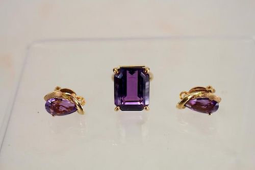 Gold Tone/Amythest Stone Ring w/ Matching Earrings