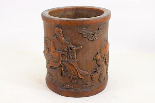Chinese Carved Wooden Figural Brush Pot