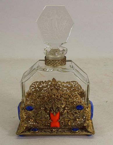 Lalique Style, Perfume Bottle in Gilded Case