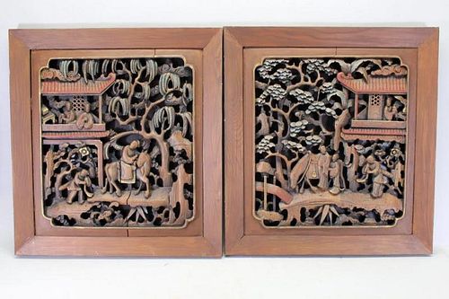 (2) Chinese Carved Wooden Architectural Panels