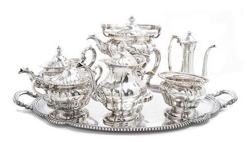An American Silver Five-Piece Tea and Coffee Set and Tray, Gorham Mfg. Co., Providence, RI, 1929, Length of tray over handles 27