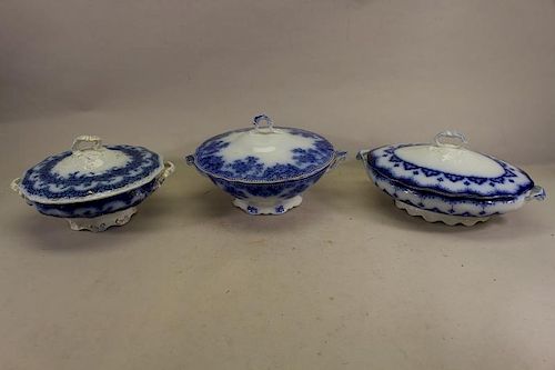 (3) Flow Blue Covered Vegetable Dishes