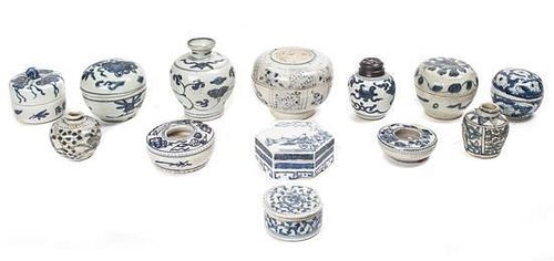 A Collection of Thirteen Blue and White Asian Porcelain Vessels, Height of tallest 4 inches.