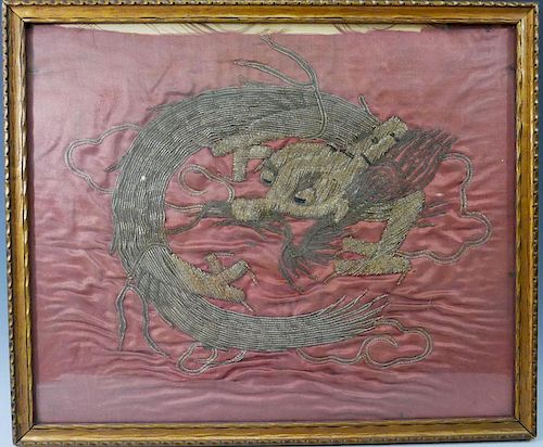 CHINESE ANTIQUE SILK EMBROIDERY DRAGON - 18 CENTURY OR EARLIER