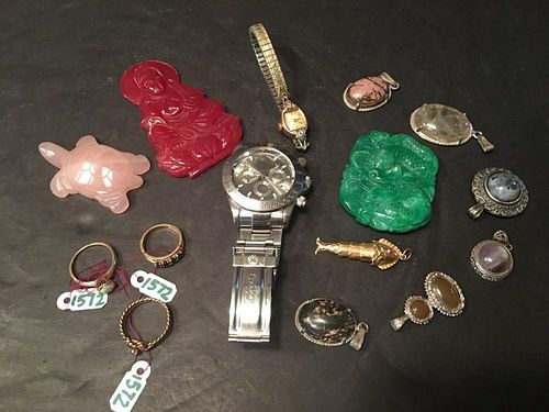 Three Lady's 14K Gold Sappire & gems Rings and Rolex/Bulova Watches and Jade pendants, etc.