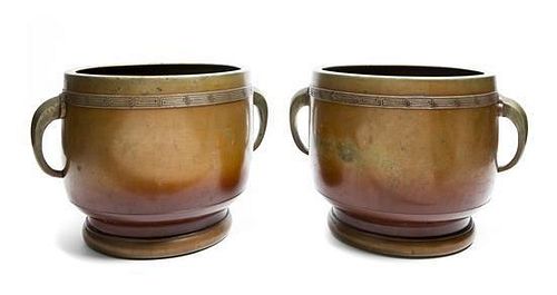 A Pair of Japanese Bronze Censers, Height 9 inches.