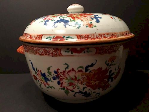 ANTIQUE Chinese Famille Rose Large Bowl with Cover, 18th C, 11 1/2" D.