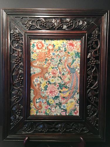 ANTIQUE Chinese Famille Rose porcelain Plaque in Zitan Frame, 19th C