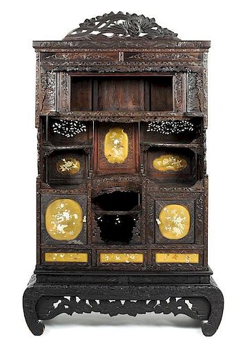 A Japanese Rosewood Inlaid Shodana Cabinet, Height 77 x width 41 1/8 x depth 12 1/2 inches.