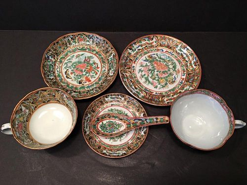 ANTIQUE Chinese 1000 butterfly cups, plates and spoon, 19th C