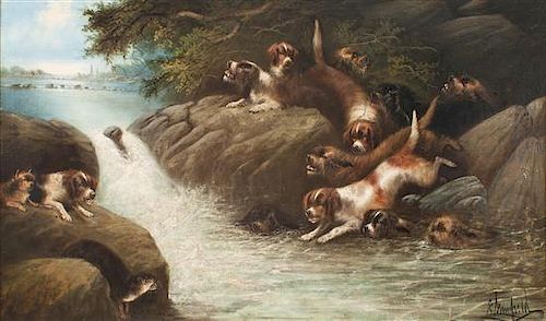 Edward Armfield, (British, 1817-1896), Dogs Hunting Otter in River (two works)