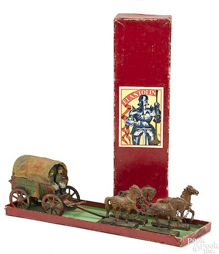Elastolin painted tin and composition wagon