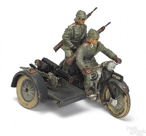 Painted tin and composition military motorcycle
