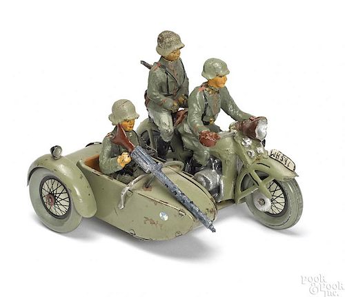 Painted tin clockwork military motorcycle, etc.