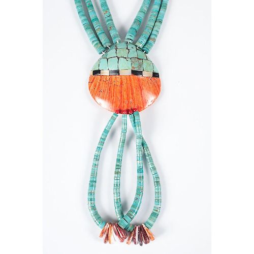 Kewa Rolled Turquoise and Inlaid Spiny Oyster Necklace, Attributed to the Crespin Family