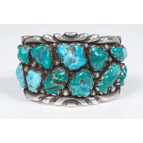 Alice Quam (Zuni, 1929-2003) Heavy Silver and Turquoise Cuff Bracelet