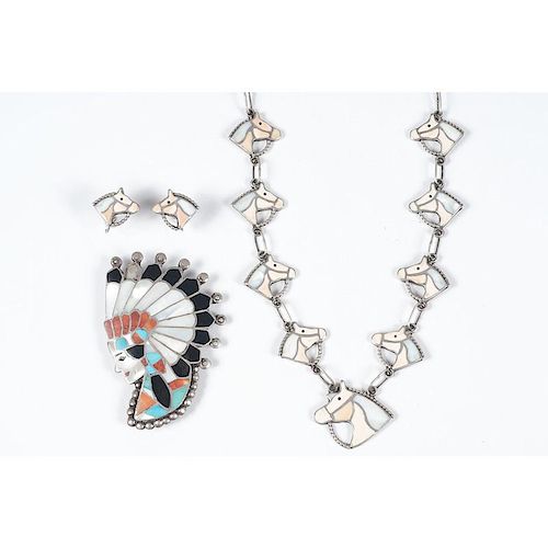 Zuni Horse Head Link Necklace and Earring Set PLUS