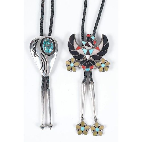 Jerome Begay (Dine, 20th century) Turquoise and Silver Bolo Tie PLUS Zuni Bolo Tie