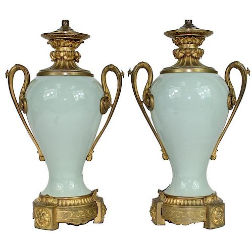 PAIR CHINESE CELADON PORCELAIN LAMP FRENCH BRONZE