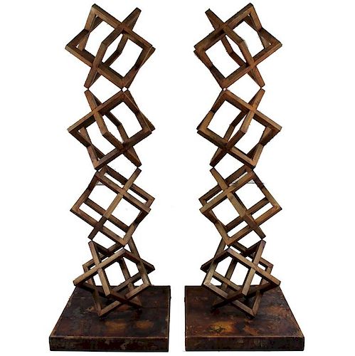 (2) PAIR MONUMENTAL STACKED CUBE FORM SCULPTURE