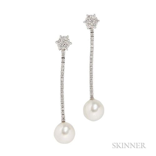 18kt White Gold, Cultured Pearl, and Diamond Earpendants