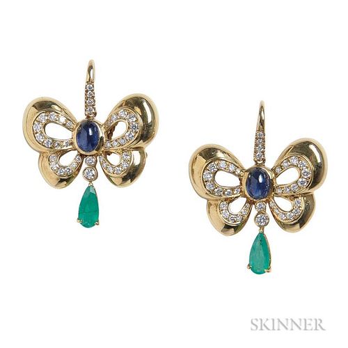 18kt Gold, Diamond, Sapphire, and Emerald Butterfly Earrings