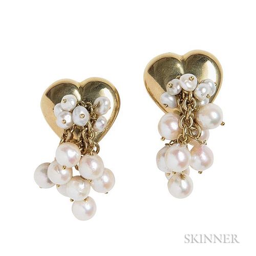 18kt Gold and Cultured Pearl Heart Earrings