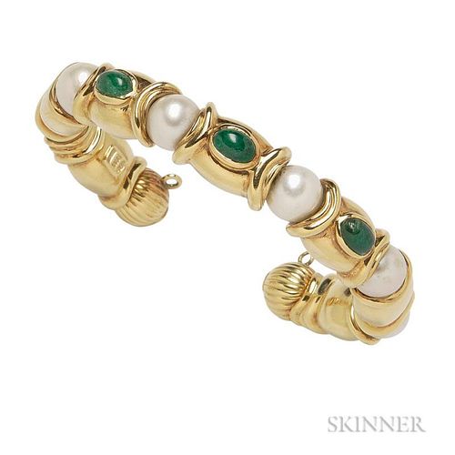 18kt Gold, Emerald, and Cultured Pearl Bracelet