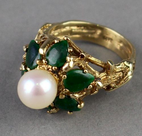 14K Yellow Gold Pearl and Jade Ring