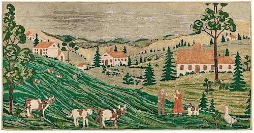 Large Hooked Rug with a Country Landscape