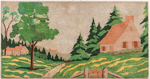 Large Hooked Rug with a Landscape with House