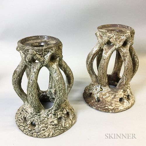 Pair of Faux Bois Pottery Candlesticks