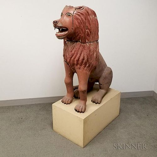 Large Red-painted and Carved Wood Seated Lion