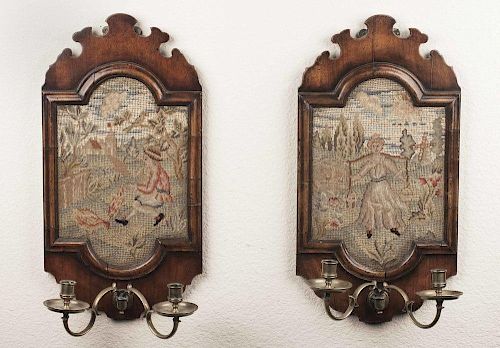 Pair of Antique Framed Needlework Sconces