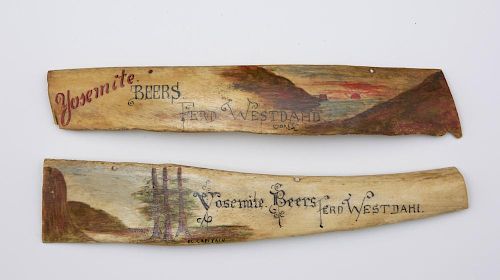 Two Yosemite Beer advertising pieces painted beef bone