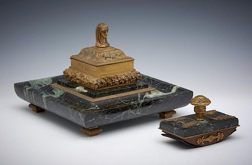 2 piece marble & bronze Egyptian revival desk set