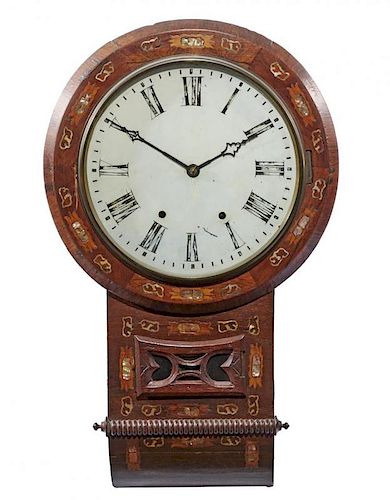 19th c Mahogany school clock with inlay, appx 27" T