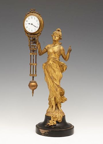 Art nouveau swinger clock, gilt bronze figure of a woman