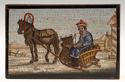 Micromosaic plaque depicting man in horse drawn sled