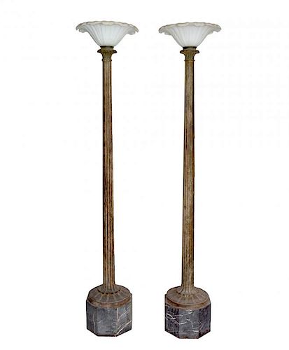 Pair of Bronze Torchieres, frosted milk glass, 81"t