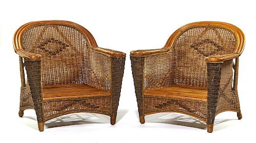 Pair of early 20th c bamboo and rattan armchairs