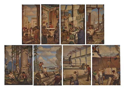 Warren Chase Merritt 8 panel mural, History of Paper Making