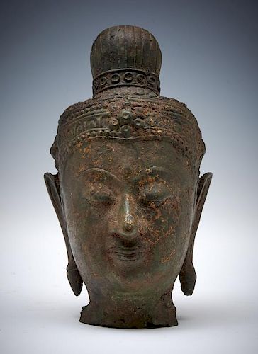 Bronze Buddha head with gilt remnants