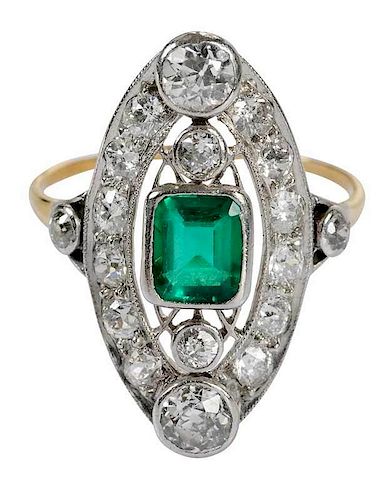 Antique Platinum, 18kt., Emerald & Diamond Ring